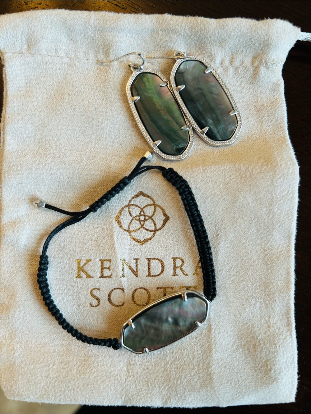 Kendra Scott Black Abalone Macramé Bracelet with Matching Drop Earrings
